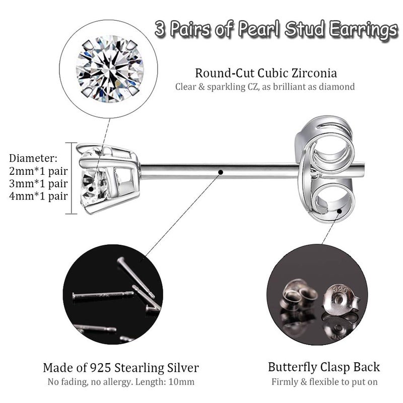EPIRORA Sterling Silver Stud Earrings for Women- 3 Pairs Tiny Ball Stud Earrings Round CZ Cubic Zirconia Earrings Pearl Earrings Set Cartilage Small Tragus Earrings(2mm,3mm,4mm) - Image 2